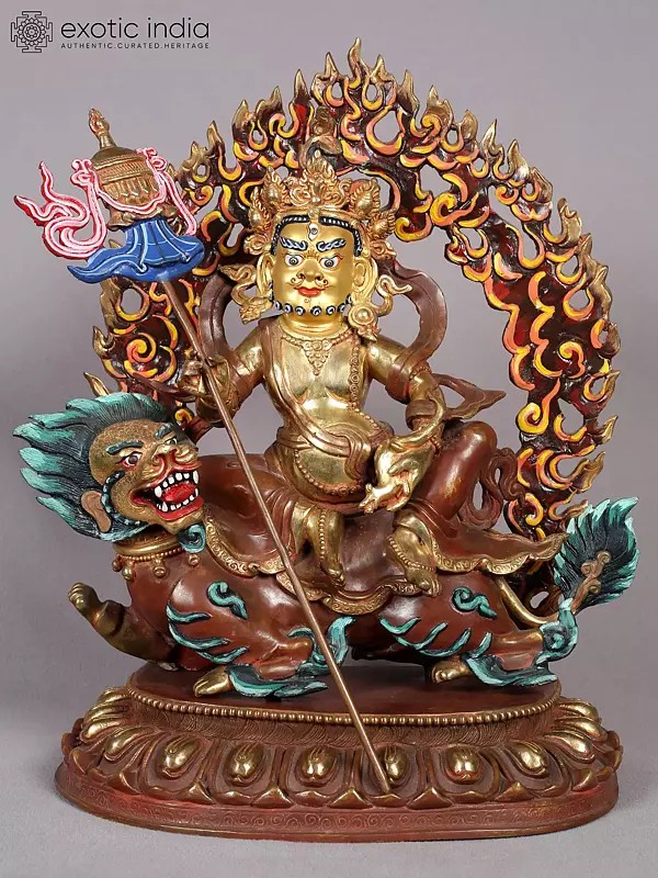 14" Buddhist Deity Singh Kubera Idol | Nepalese Copper Statue