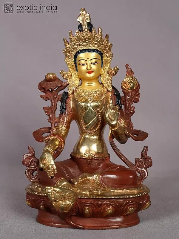 9" Goddess Green Tara Copper Statue - Buddhist Deity Idol from Nepal