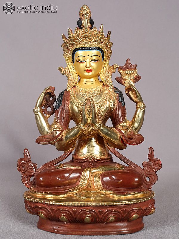 9" Chenrezig (Four-Armed Avalokiteshvara) Statue from Nepal | Copper Idol with Gold Plated