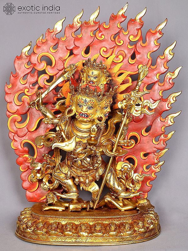 Four Headed Mahakala Copper Idol with Gold Plated