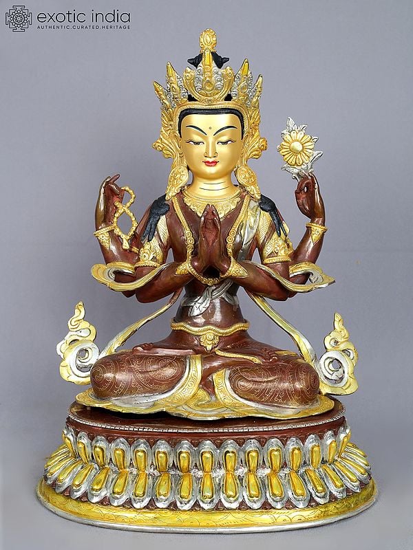 18" Chenrezig (Four Armed Avalokiteshvara) | Copper Statue from Nepal