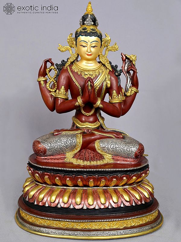 16" Mongolian Chenrezig (Avalokiteshvara) | Copper Statue with Gold Plated