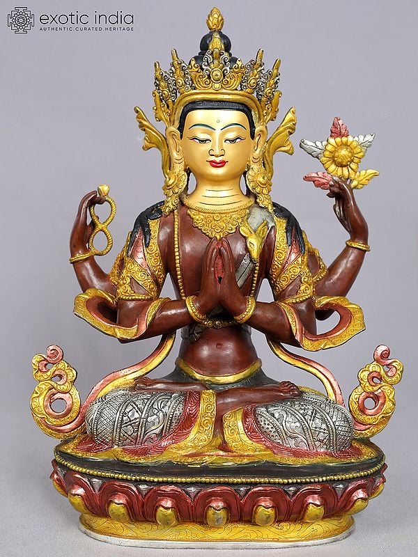 15" Tibetan Buddhist Deity Chenrezig Copper Statue from Nepal