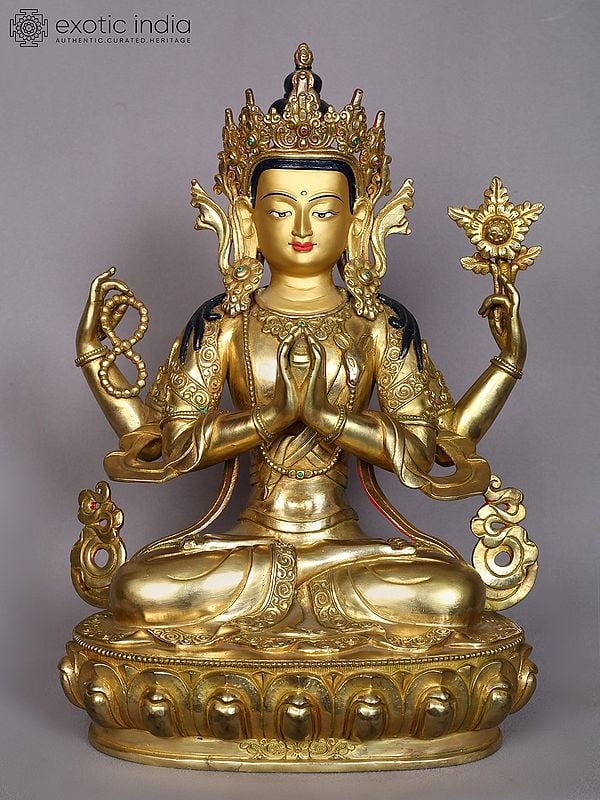 14" Tibetan Buddhist Deity Chenrezig Copper Statue from Nepal