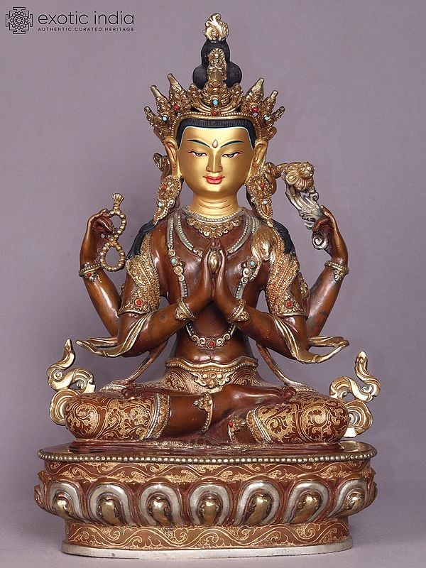 15" Tibetan Buddhist Deity Chenrezig Copper Statue from Nepal