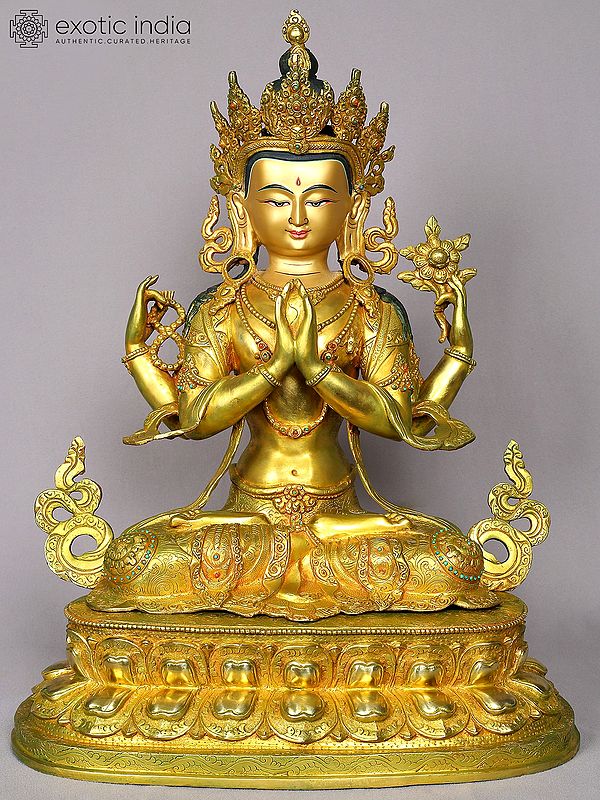 19" Avalokiteshvara Gilded Copper Statue from Nepal