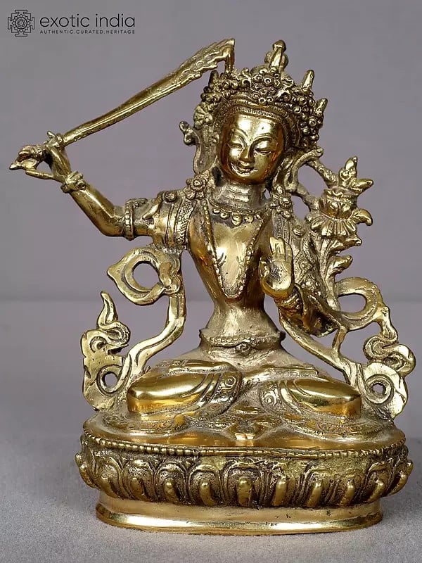 6" Small Manjushri Brass Statue from Nepal | Tibetan Buddhist Deity Idols