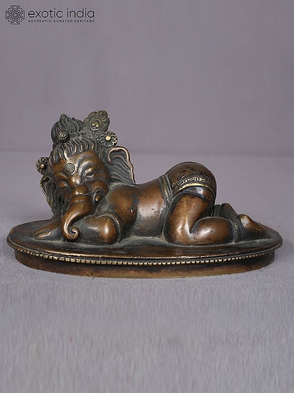 6.5" Bal Ganesha Relaxing Brass Sculpture from Nepal