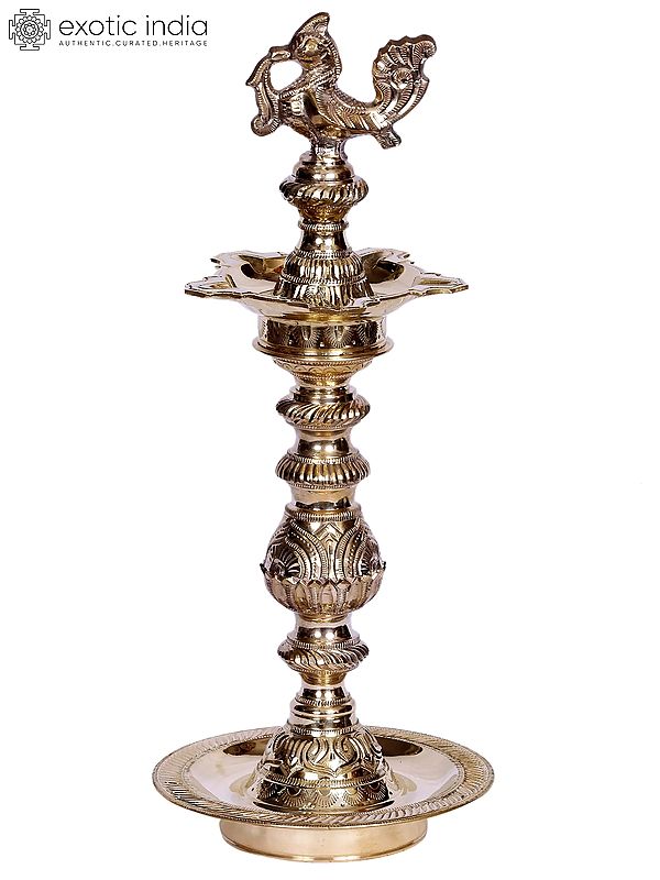 14" Peacock Design Oil Lamp In Brass