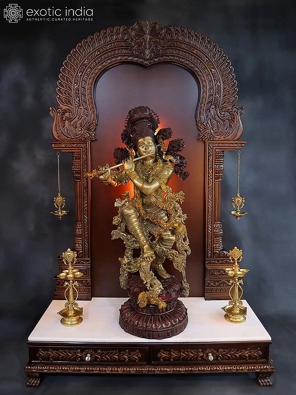 70" Brass Superfine Lord Krishna Statue in Wooden Temple Frame Stand with Vaishnav Symbol Lamps