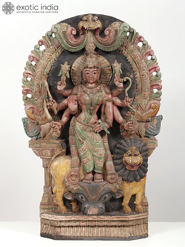 36" Large Wooden Goddess Durga Sculpture with Kirtimukha Arch