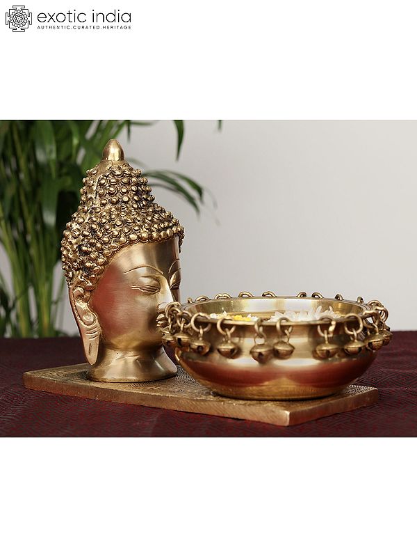 12" Brass Lord Buddha Head with Ghungroo Urli