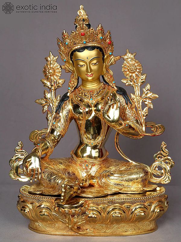 Goddess Green Tara Gilded Copper Statue from Nepal