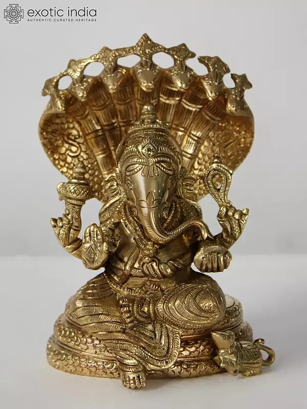 7" Brass Lord Ganesha Seated on Sheshnag