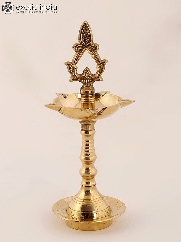 6" Indian Brass Pooja Lamp (Deepam) with Leaf Top