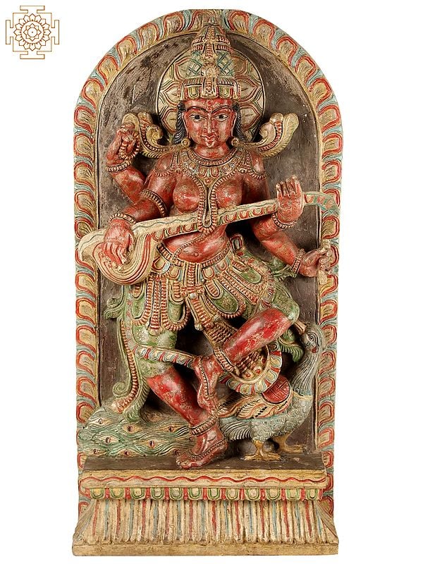 36" Large Wooden Dancing Goddess Saraswati | Wall Panel