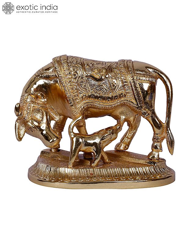 4" Mother Cow With Calf | Decorated Gold Plated Brass Statue