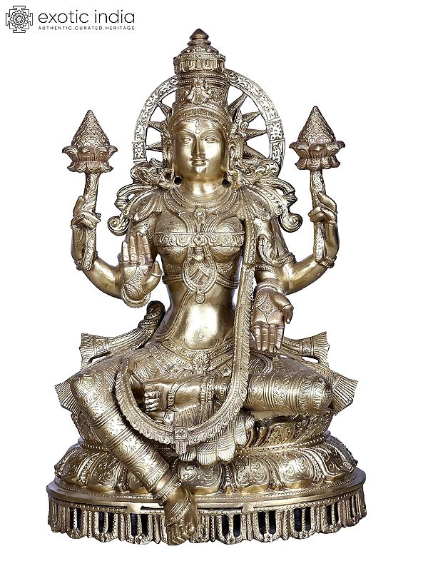 Brass Maa Lakshmi Idol with Lotus | Hindu Goddess Statue