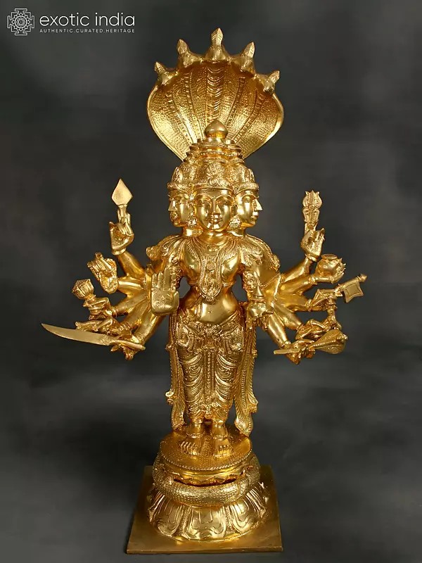 34" Superfine Shanmuga Murugan With Multiple Hands Standing On Pedestal In Brass | Handmade | Made In India