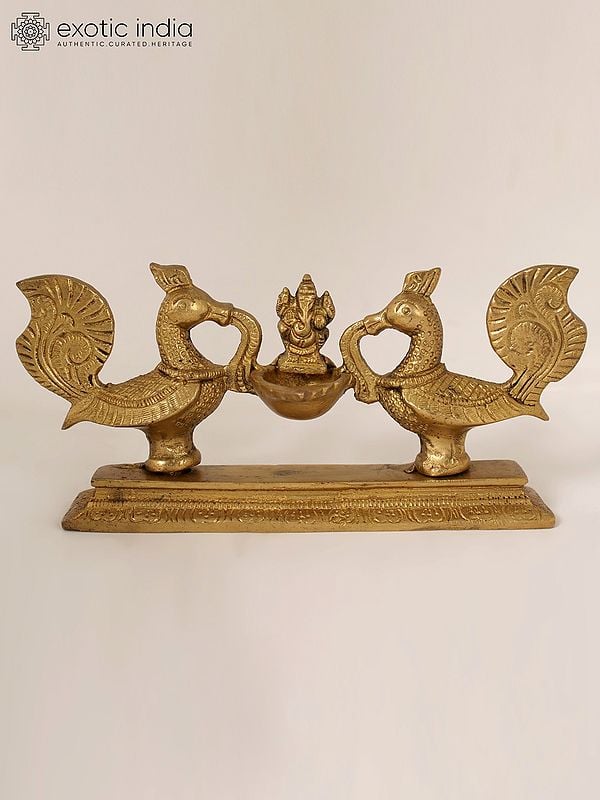 7" Peacocks Design Lamp with Ganesha in Brass