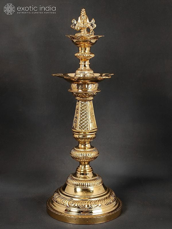 16" Lakshmi Lamp (Goddess Lakshmi On Top of Lamp) In Brass | Handmade | Made In India