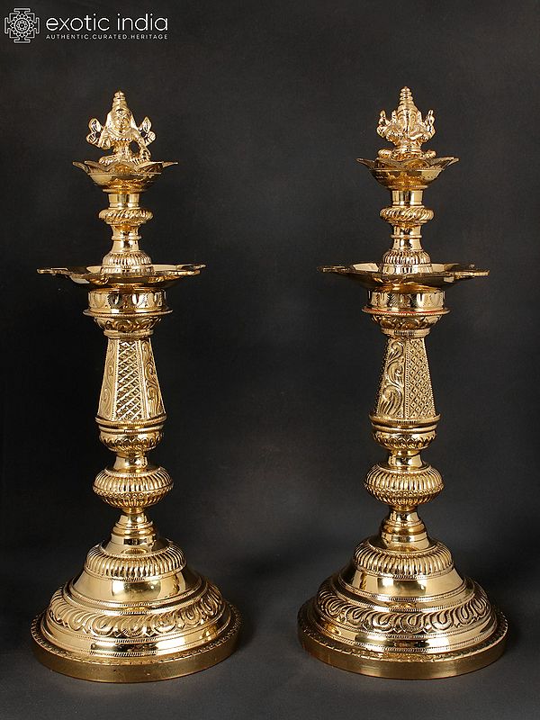 16" Superfine Pair of Lamps (Lord Ganesha and Goddess Lakshmi On Top of Lamp)