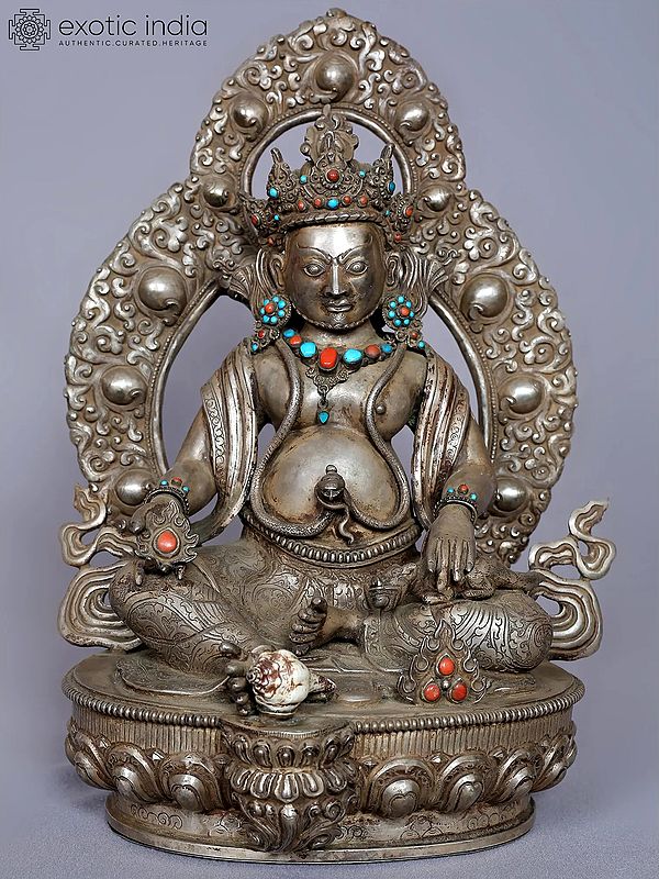 12'' God Kubera Silver Statue with Stone Work from Nepal