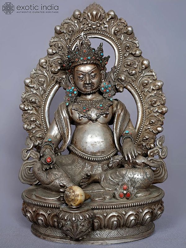 12'' God of Wealth Kubera Idol with Stone Work from Nepal | Silver Statue