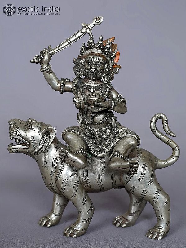 6'' Lord Bagh Bhairava Silver Statue with Sword from Nepal