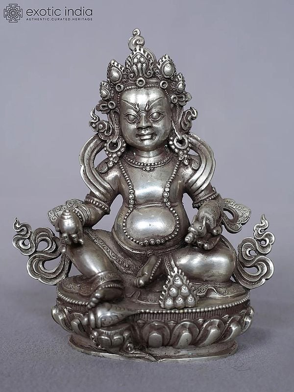 5'' Crowned Kubera Silver Statue Seated on Base