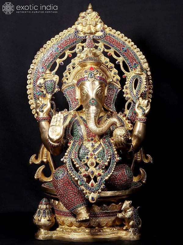 26'' Four Hand Ganesha Seated On Throne | Fine Stone Work