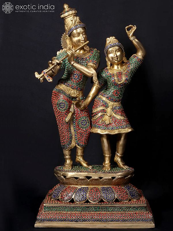 24'' Krishna Playing Flute With Radha Dancing | Fine Stone Work
