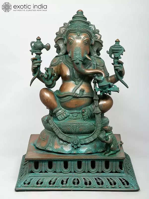 19" Superfine Sitting Chaturbhuja Lord Ganesha in Brass