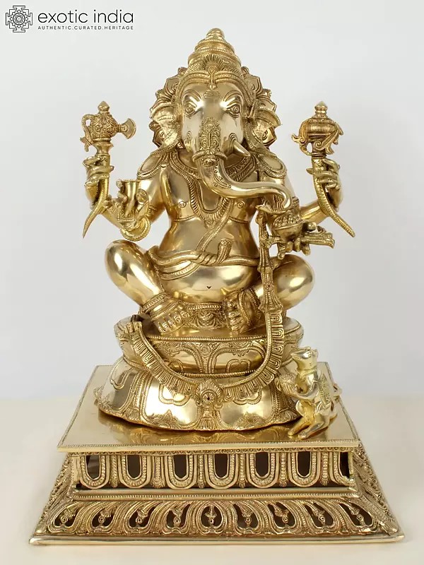 19" Superfine Sitting Chaturbhuja Lord Ganesha in Brass