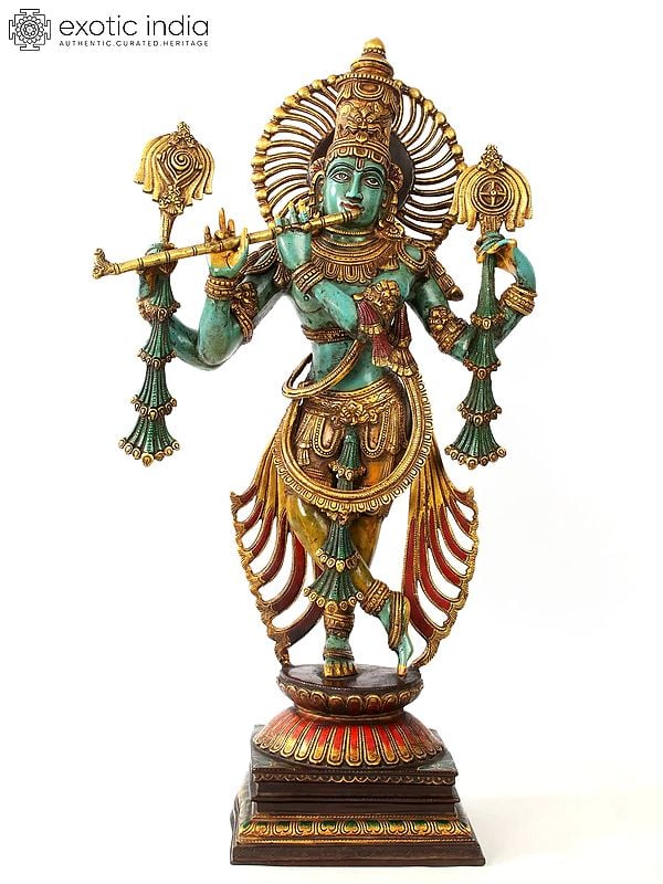 31" Large Brass Colorful Standing Lord Venugopal (Krishna) Playing Flute