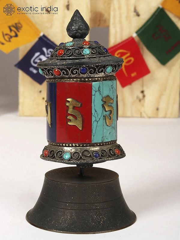 4" Small Tibetan Buddhist Prayer Wheel with Stone Work | Table Piece | Made in Nepal