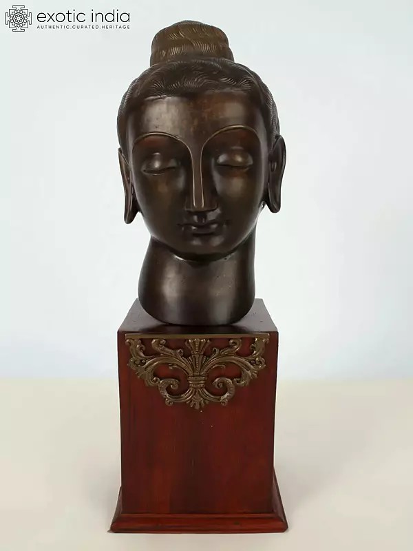 15" Bronze Buddha Head on Wooden Base