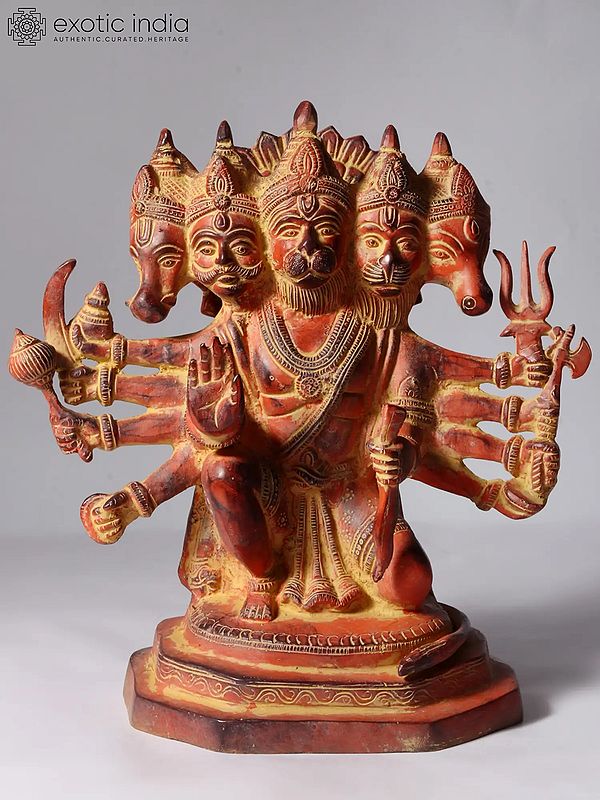 11" Sinduri Color Sitting Ten Armed Panchmukhi Lord Hanuman Brass Sculpture