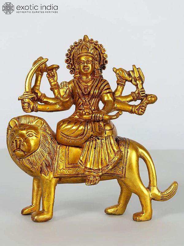 5" Small Eight Armed Goddess Durga Brass Idol Seated on Lion