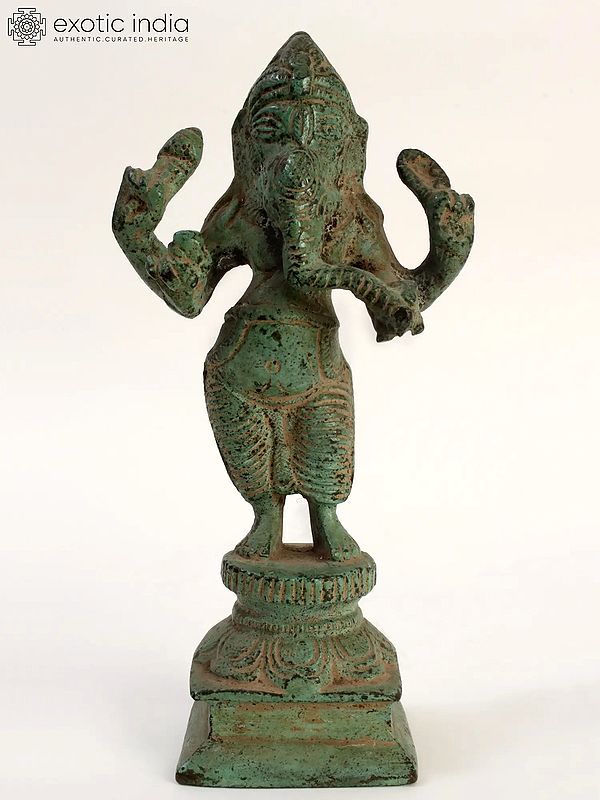 5" Green Patina Standing Chaturbhuja Lord Ganesha in Brass