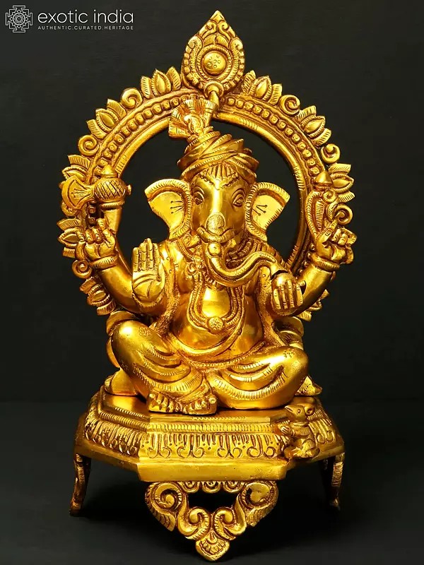 11" Turbaned Lord Ganesha Seated on Throne | Brass Statue