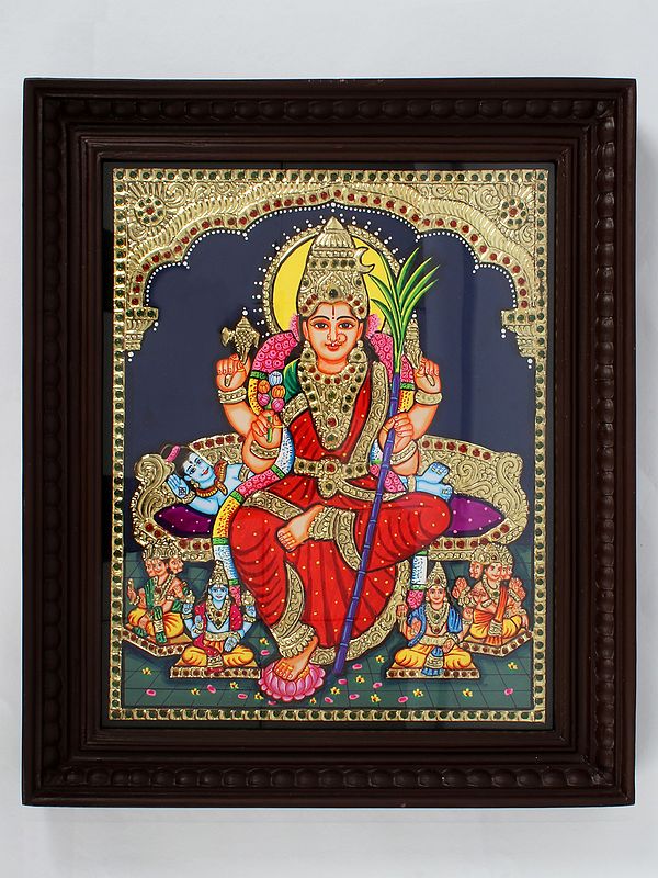 Goddess Rajarajeshwari Tanjore Painting | Traditional Colors With 24K Gold | Teakwood Frame