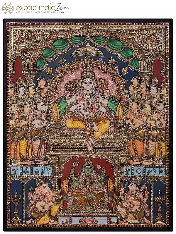 Lord Shiva Dharbar with Ganesha & Kartikeya Tanjore Painting with Frame | Traditional Colors with 24 Karat Gold