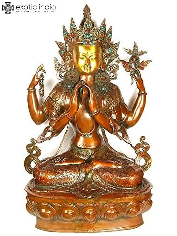 38" Tibetan Buddhist Deity Large Size Chenrezig (Shadakshari Lokeshvara) In Brass | Handmade | Made In India