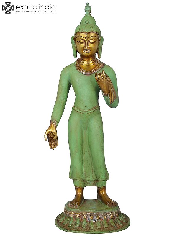 14" Standing Thai Buddha In Brass | Handmade | Made In India