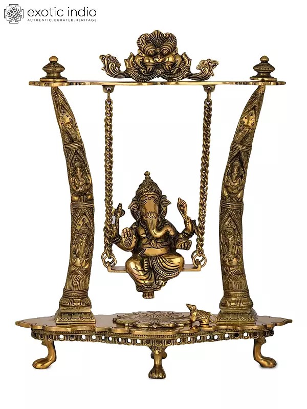 17" Brass Ganesha Idol on Swing - Pillars Decorated with Ganesha Figures