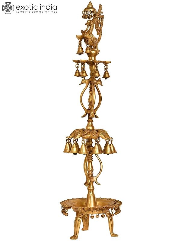 35" Mayur (Peacock) Lamp with Bells and Ghungroos in Brass | Handmade | Made in India