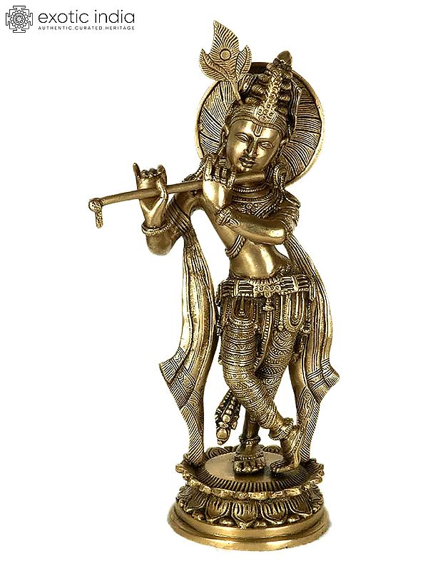 11" Lord Krishna Playing Flute In Brass