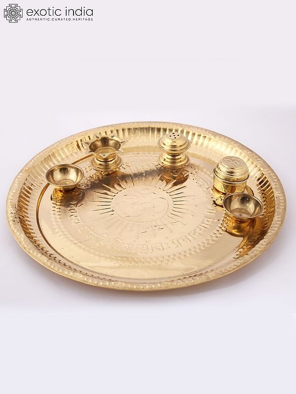 Brass Puja Thali with Haldi and Kumkum Bowl, Incense Stand and Diya