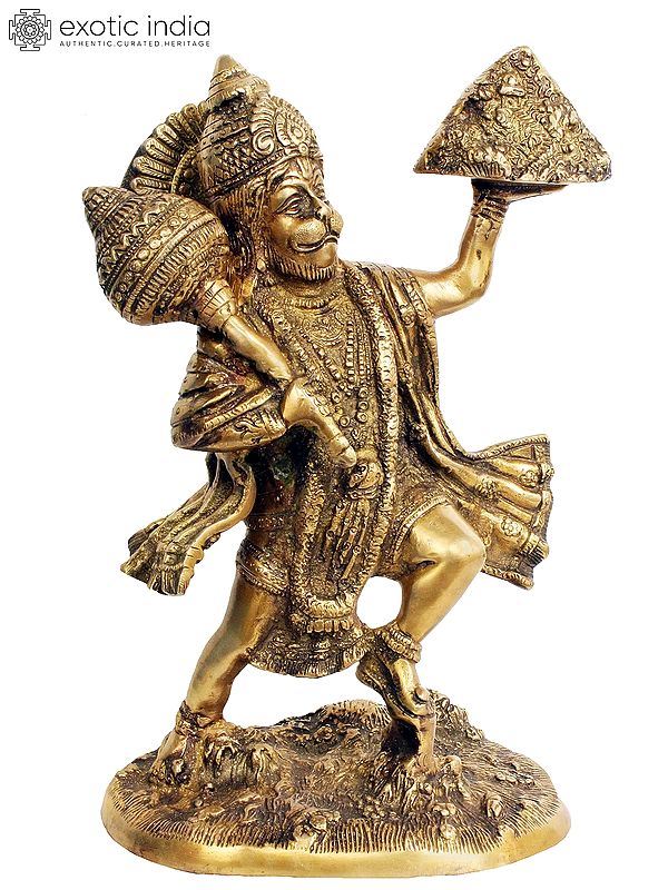 11" Shri Hanumanji Carrying Sanjeevani Mountain In Brass | Handmade | Made In India